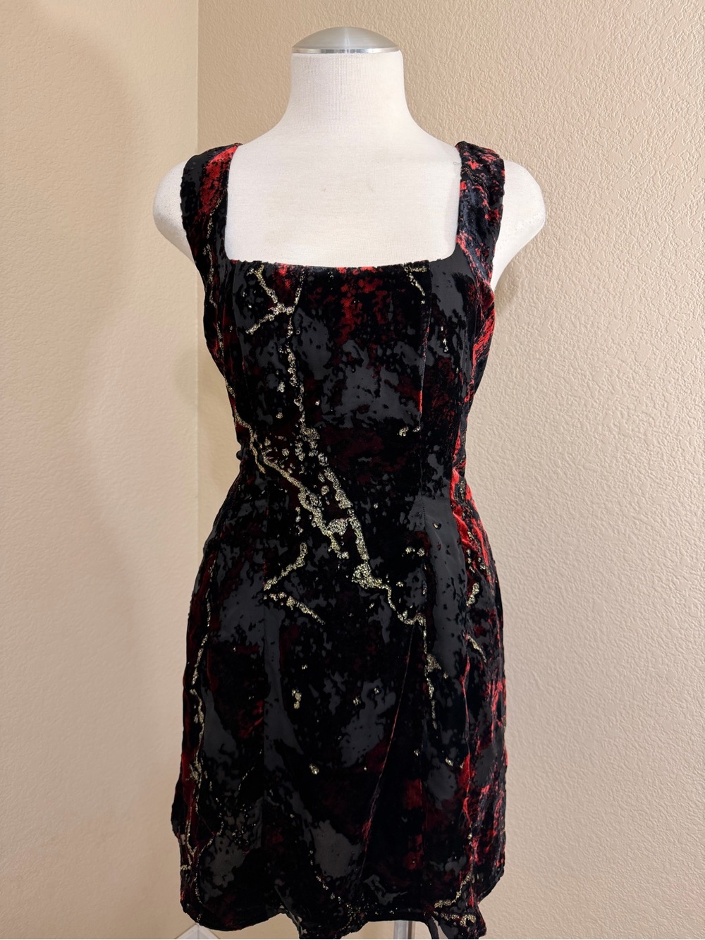 Desigual Black, Red & Gold Velvet Sequin Mini Dress size medium